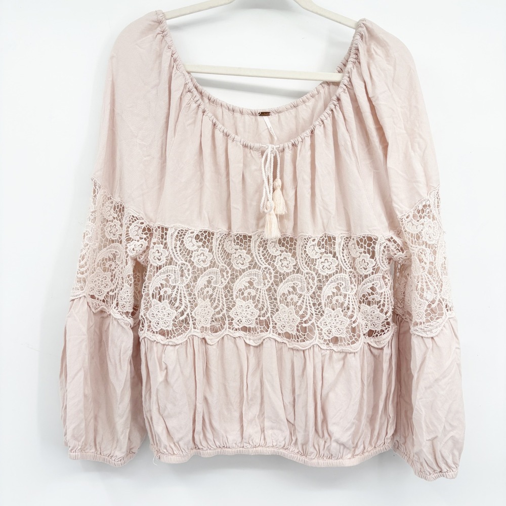 Free People Womens Blush Pink Lace Inset Boho Gotta Love It Peasant Blouse XS